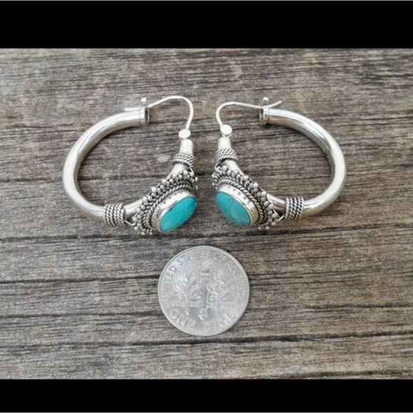 Tibetian silver and turquoise boho small hoop earrings new - Picture 2 of 9